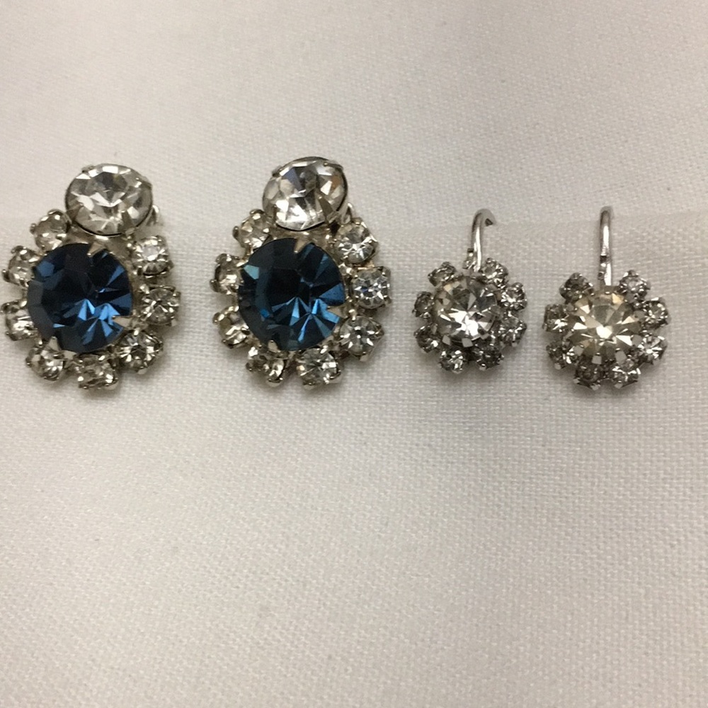 Emerald Blue & Clear Rhinestone Clip on Earrings